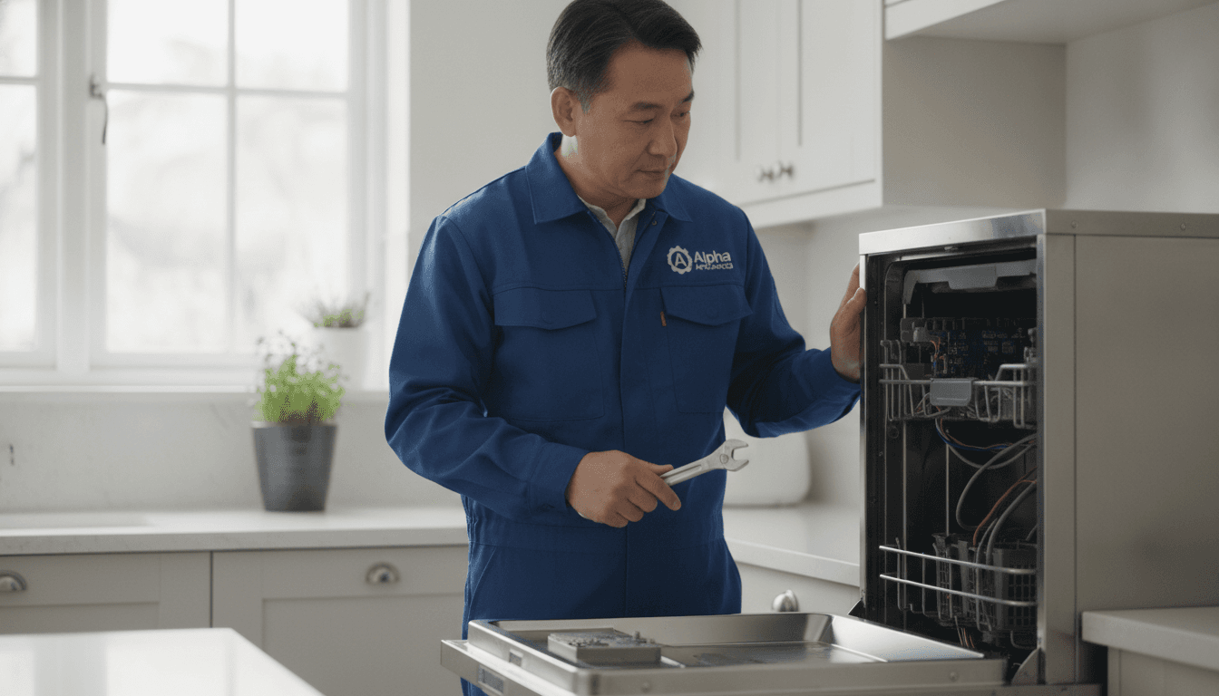 Book your dishwasher engineer online with Alpha Appliances