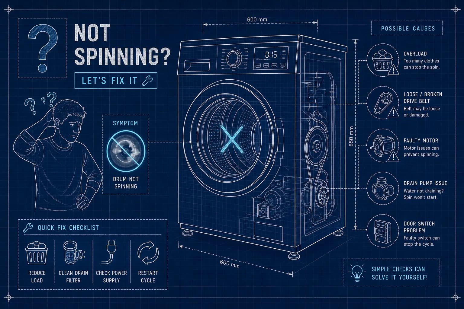 Washing machine not spinning: quick fixes & checks