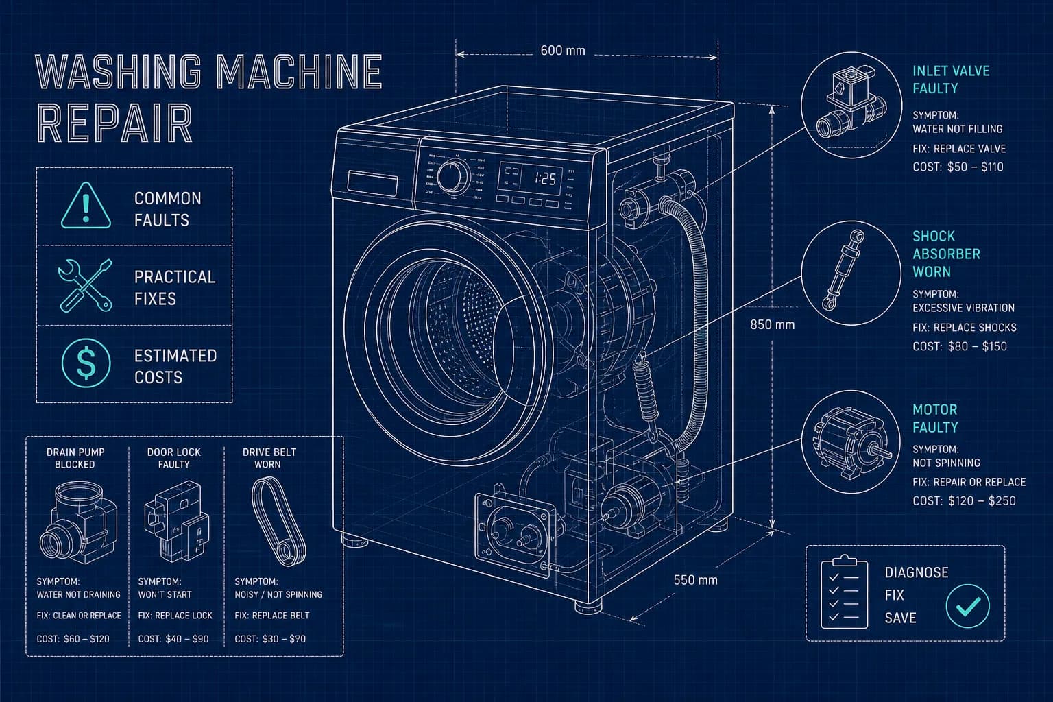 Washing machine repair: common faults, fixes and costs
