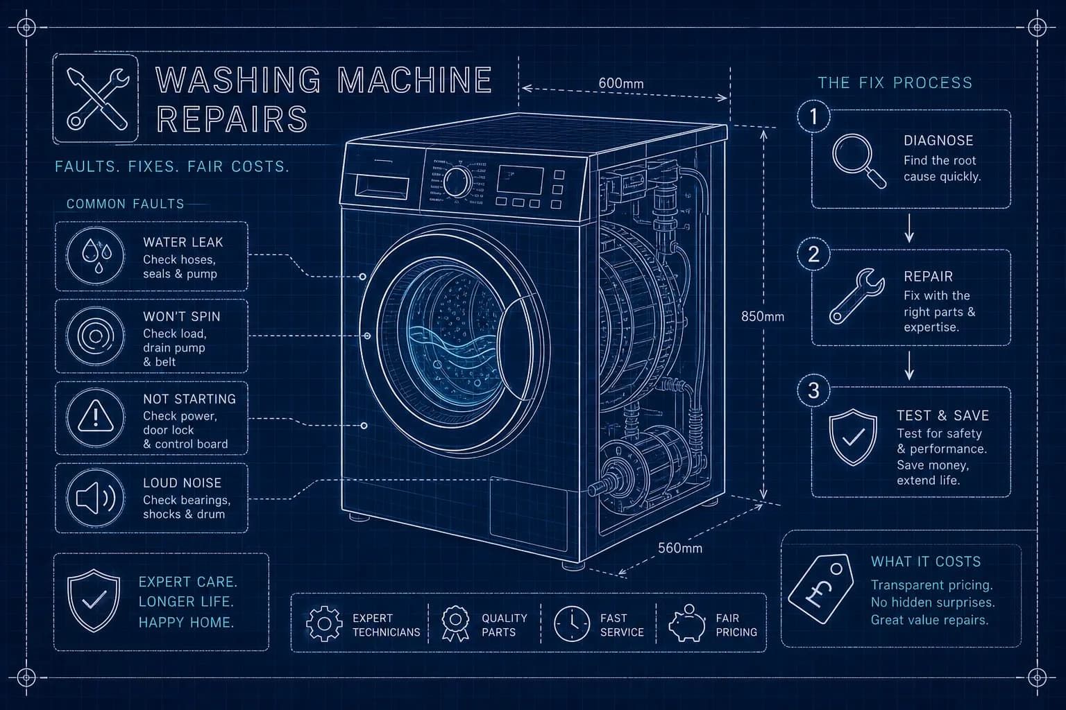 Washing machine repairs: faults, fixes & costs guide